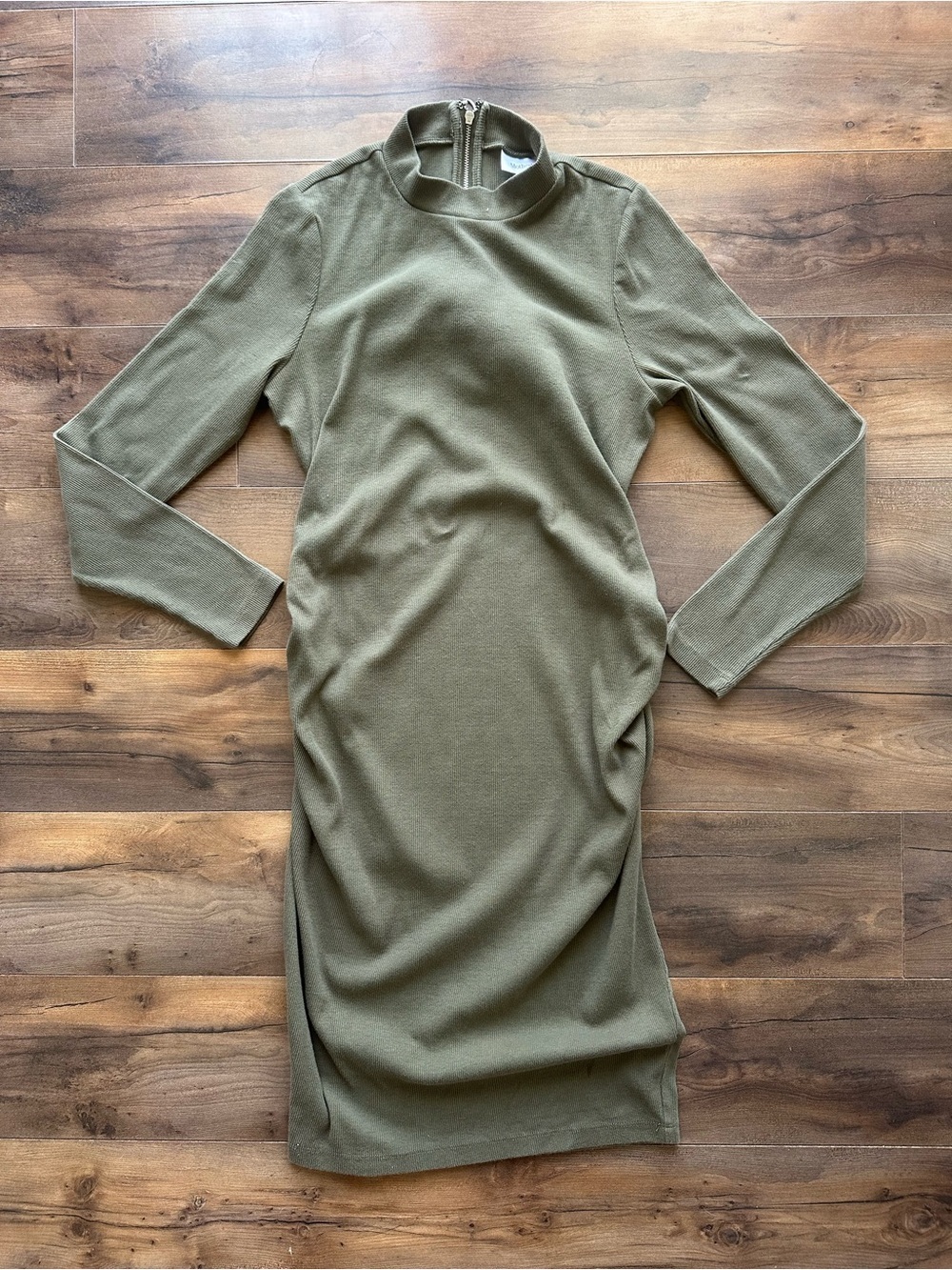 Motherhood Maternity Olive Ribbed Mock Neck Ruched Midi Dress Medium